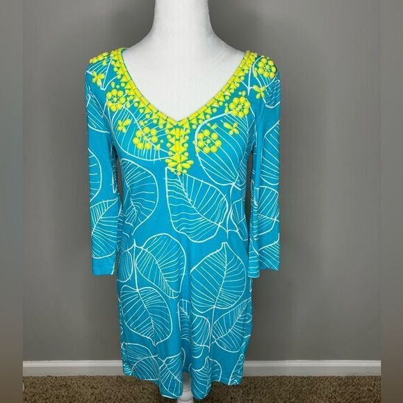 Boden Freya leaf print beaded dress - Picture 1 of 5